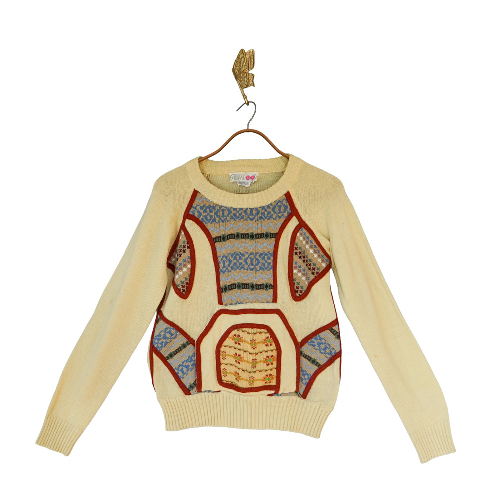 VTG 70s Huk A Poo Men Fair Isle Patchwork Chunky Knit Sweater M Cottage Hippie